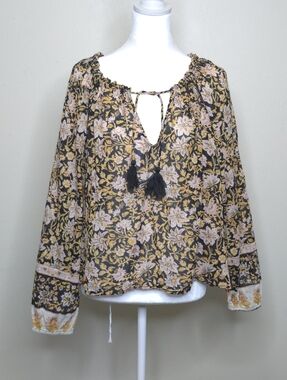 Billabong Boho Floral Print Tassel Tie Long Sleeve Blouse Medium Oversized